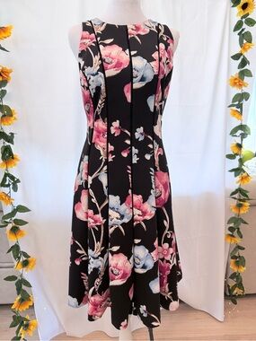 White House Black Market Black Midi Dress with Pink & Blue Floral Print